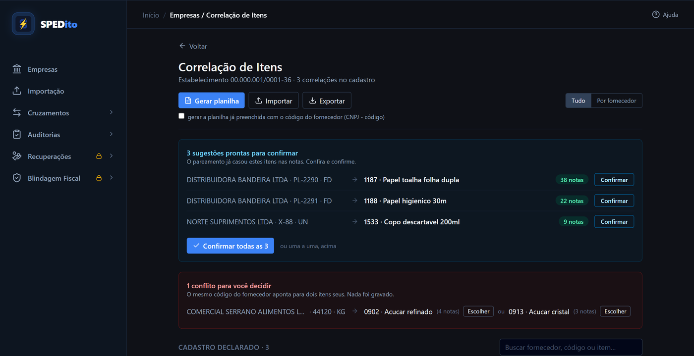 Tela Correlação de Itens: a fila de sugestões prontas para confirmar em cima, o bloco de conflitos abaixo e o cadastro declarado no fim