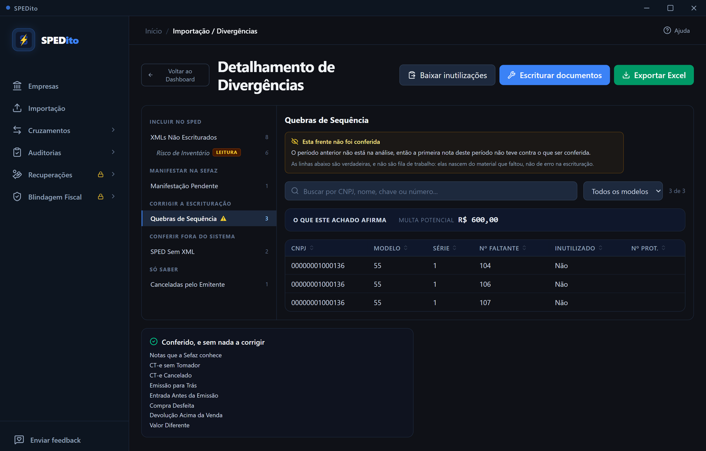 Tela de detalhamento, com a lista de achados agrupada à esquerda e a grade do achado selecionado à direita