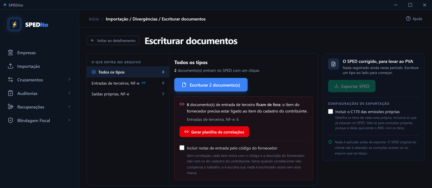 Tela Escriturar documentos, com a lista de tipos à esquerda e o painel do arquivo à direita