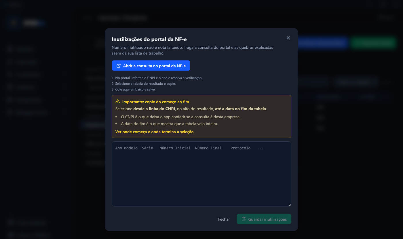 Janela Inutilizações do portal da NF-e, com o botão que abre a consulta, o aviso de copiar do começo ao fim e a caixa de texto para colar