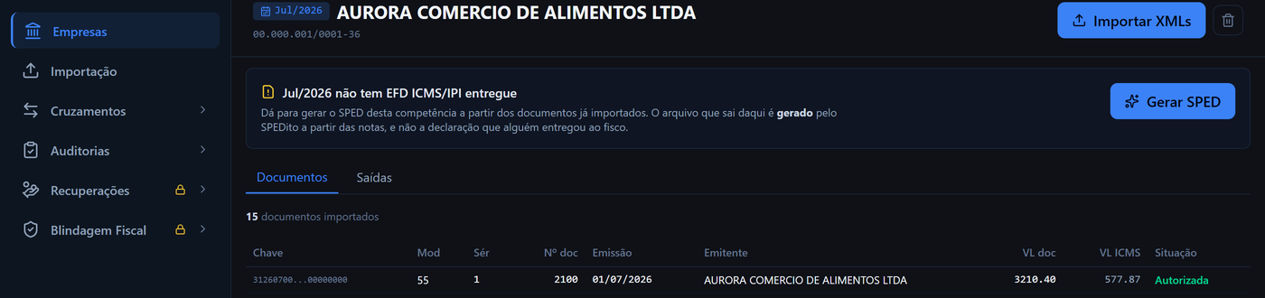 O cartão dentro do período: Jul/2026 não tem EFD ICMS/IPI entregue, com o botão Gerar SPED à direita