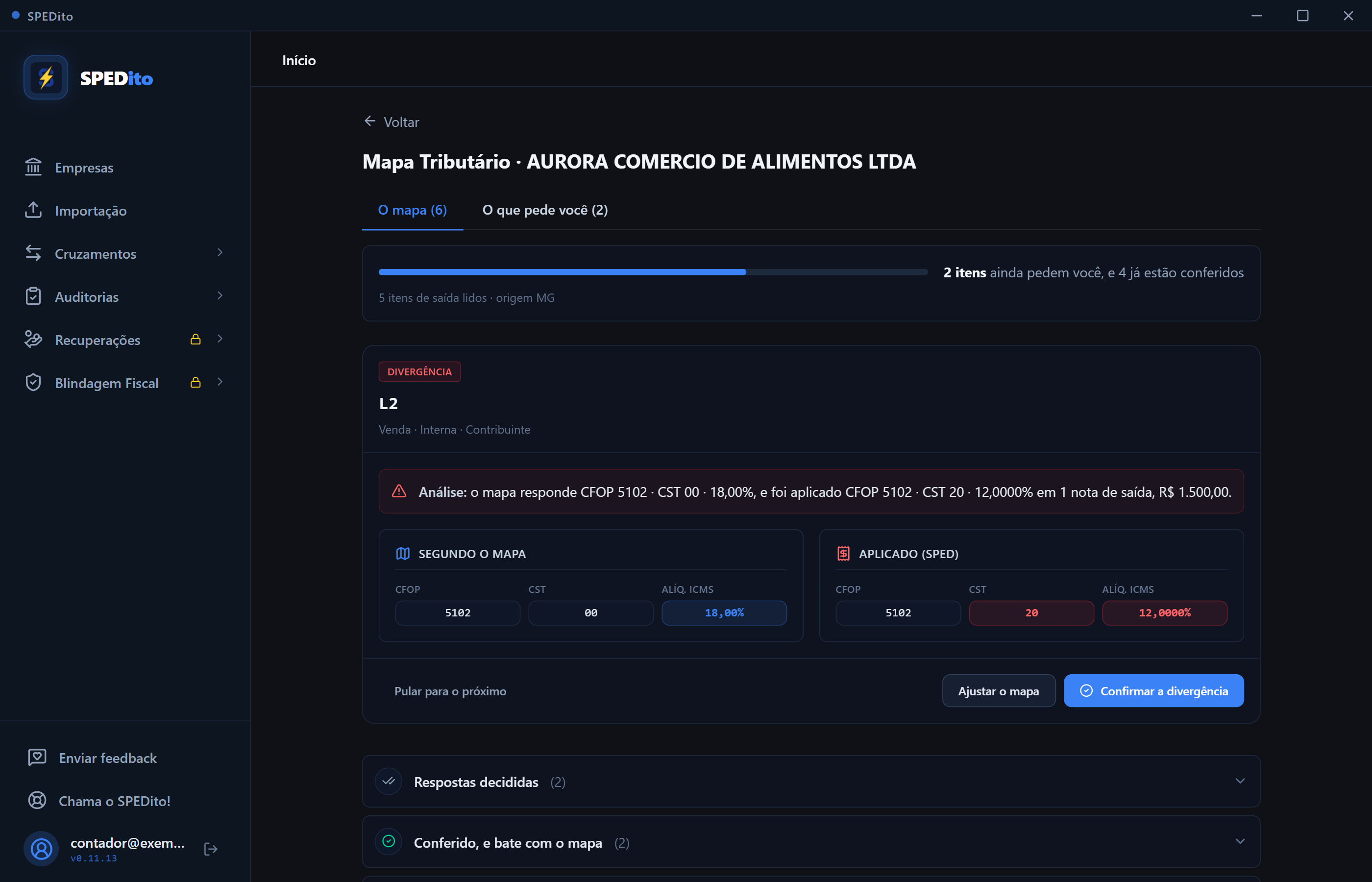 Guia O mapa, com a barra de progresso no topo, o cartão da divergência do item L2 no meio e as seções recolhidas embaixo