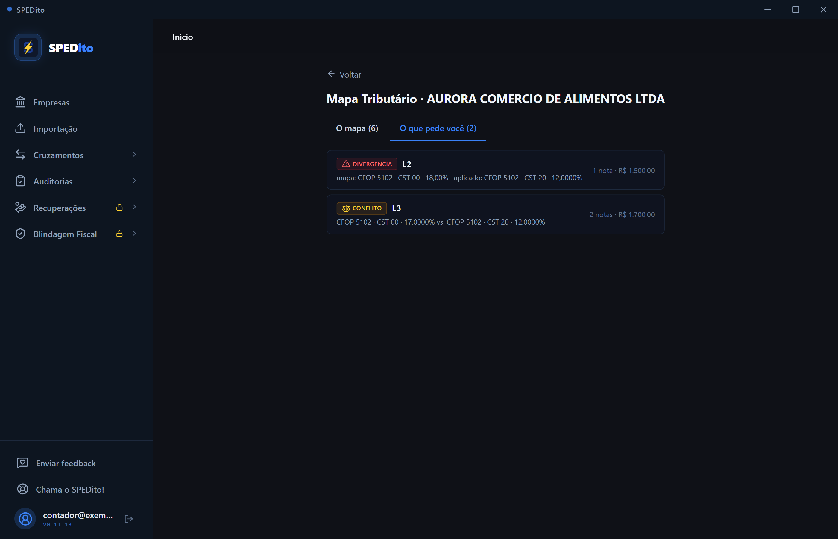 Guia O que pede você, com a divergência do item L2 e o conflito do item L3 em lista