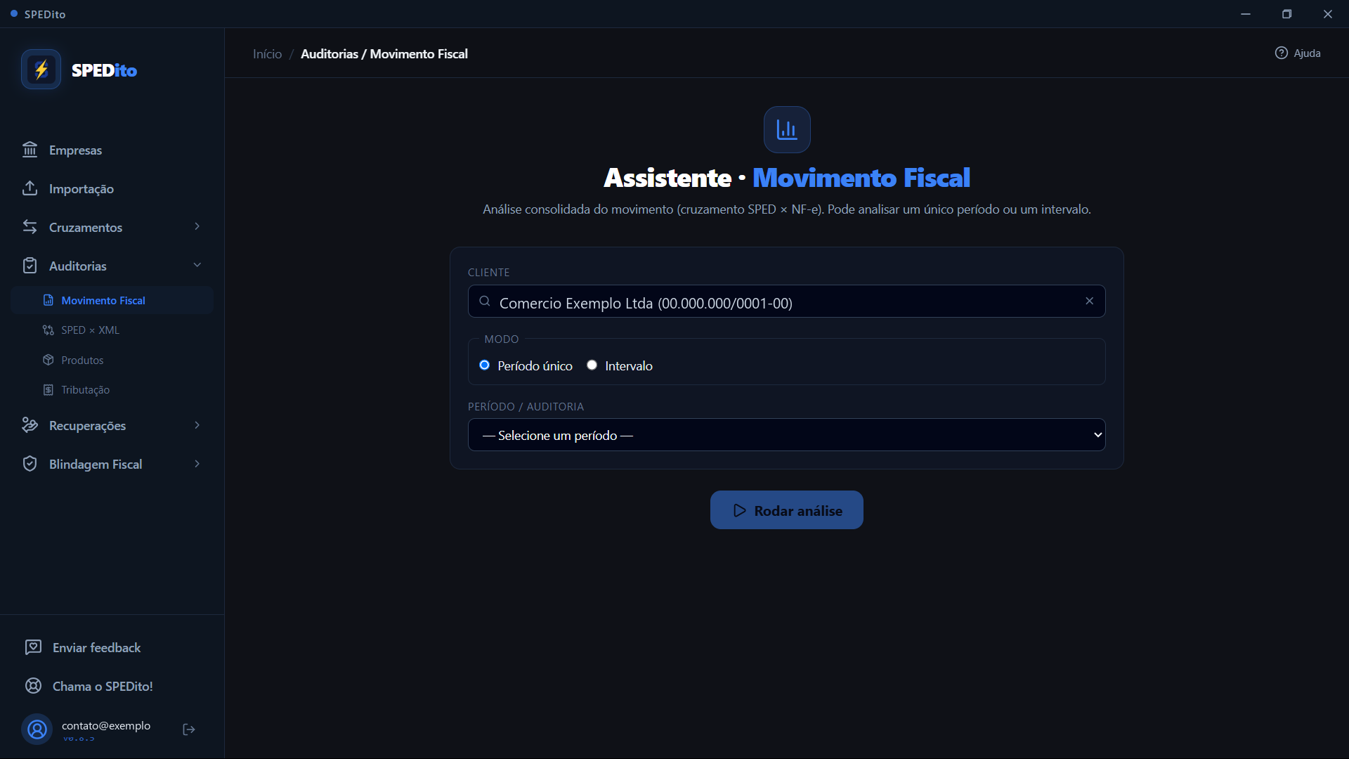 Tela do Assistente de Movimento Fiscal com o cliente selecionado