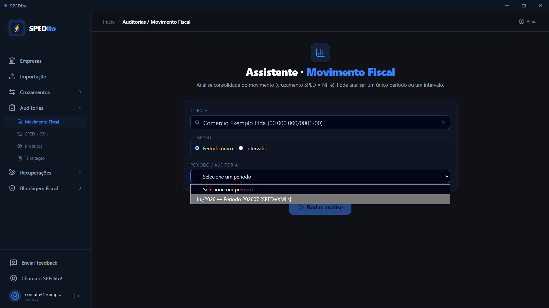 Lista de períodos disponíveis, com o selo SPED+XMLs